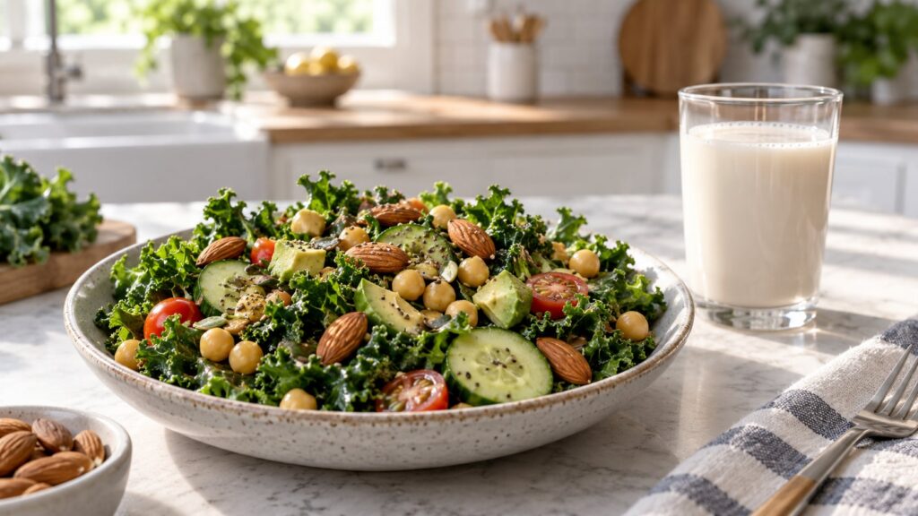 A balanced and colorful plate featuring a meal rich in plant-based calcium such as a large salad with kale almonds and c