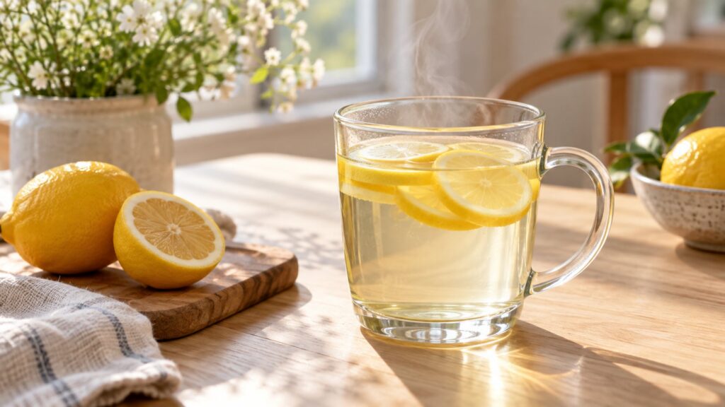 A close-up of a clear glass filled with warm lemon water with thin slices of fresh lemon floating in it and steam gently