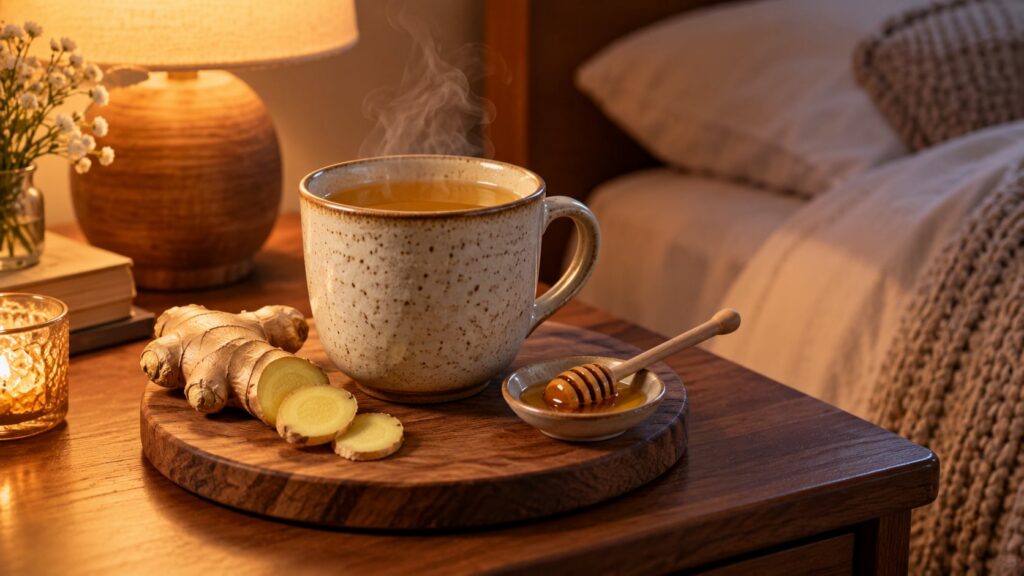 A cozy mug of steaming ginger tea with slices of fresh ginger and a drizzle of honey nearby The background is softly blu