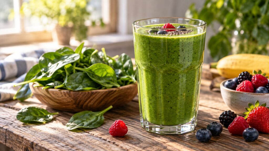 A vibrant green smoothie in a glass with fresh spinach and berries scattered around