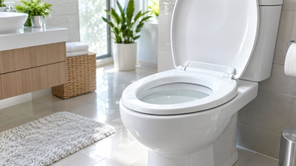 A clean sparkling toilet bowl after being cleaned with natural homemade solutions showing a fresh and hygienic bathroom 