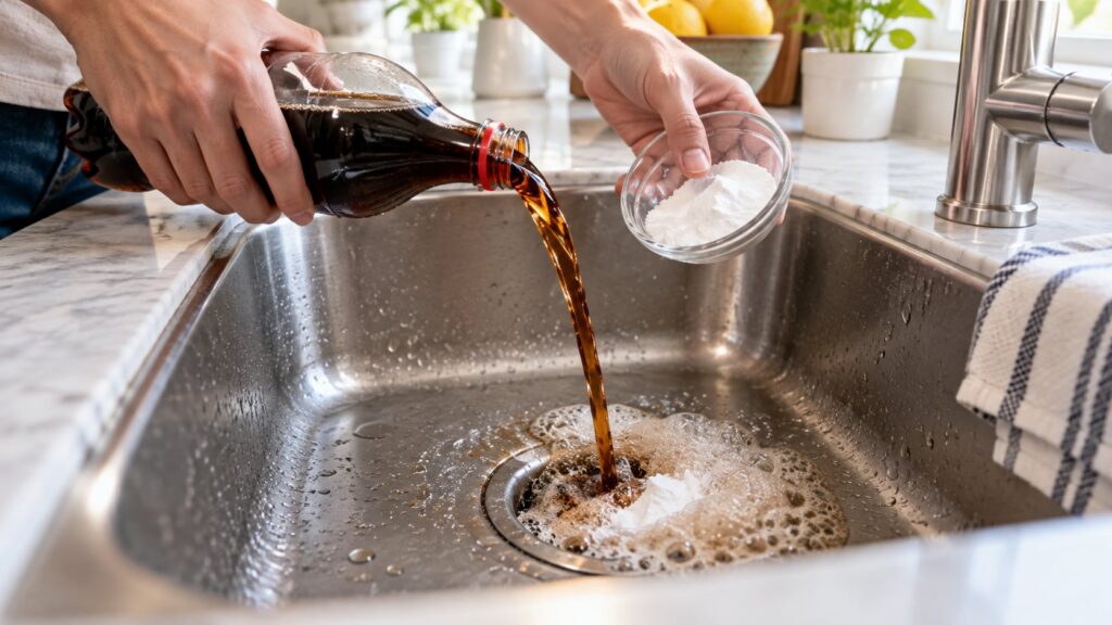 Close-up of a person pouring a dark carbonated soda into a kitchen sink drain where white baking soda has already been s