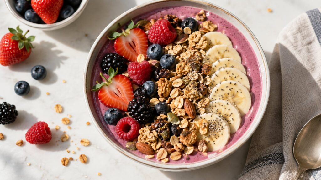 A close-up shot of a beautifully prepared smoothie bowl topped with fresh berries and granola radiating freshness and he