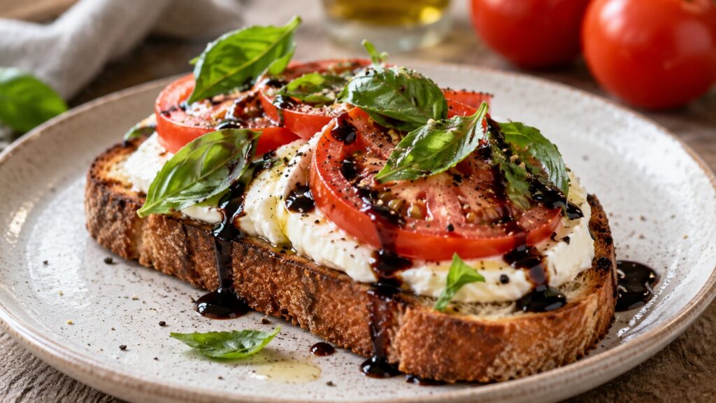 A slice of golden brown toast topped with fresh mozzarella vibrant red tomato slices and bright green basil leaves drizz