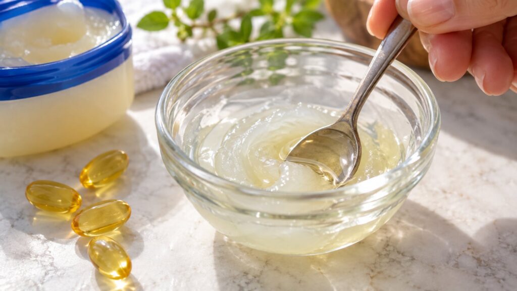 Close-up of a small glass bowl with melted Vaseline and a drop of Vitamin E oil being stirred with a small spoon showing
