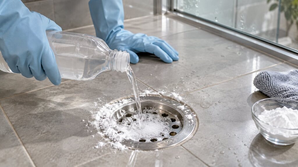 A person s hands wearing rubber gloves carefully pouring white vinegar from a bottle into a drain with white baking soda