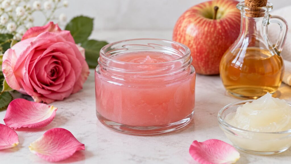 A small clear glass jar filled with the freshly made pink-hued rose apple cider vinegar and Vaseline balm with a label o