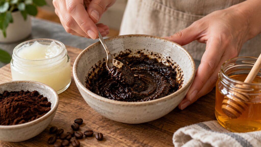 A person s hands gently mixing Vaseline coffee grounds and honey in a small bowl with a spoon showing the thick textured