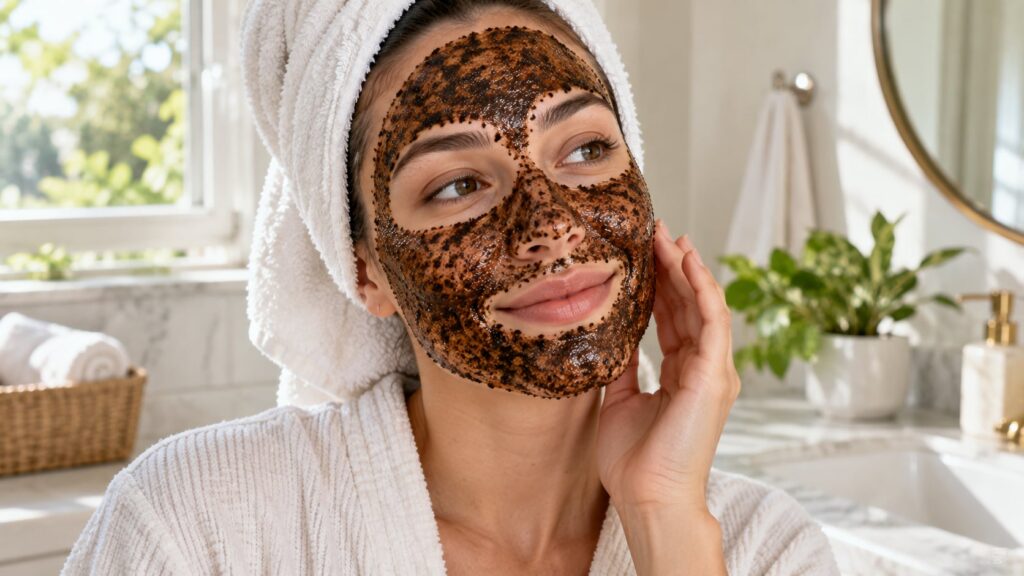 A woman with a face mask applied showing a glowing complexion with soft diffused lighting