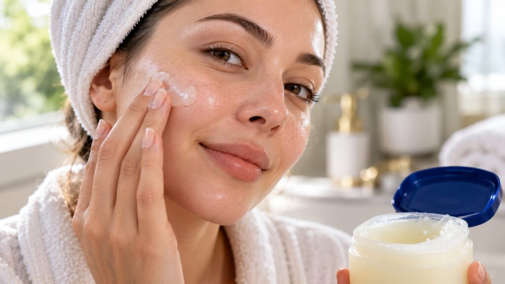 A woman gently applying a small amount of Vaseline to her cheek after moisturizing demonstrating how to seal in hydratio