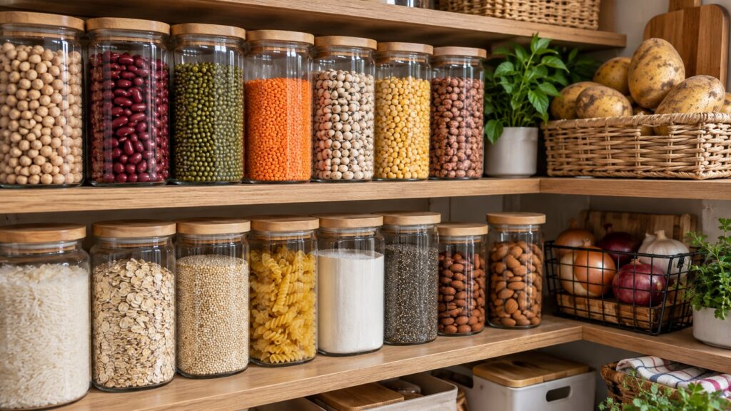 A well-organized pantry with various airtight containers holding dry beans lentils and other staples with potatoes in a 