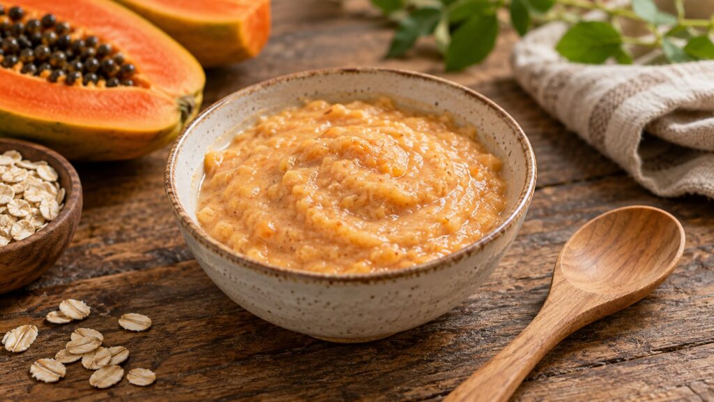 A close-up shot of the mixed papaya and oat face mask in a small ceramic bowl with a wooden spoon beside it