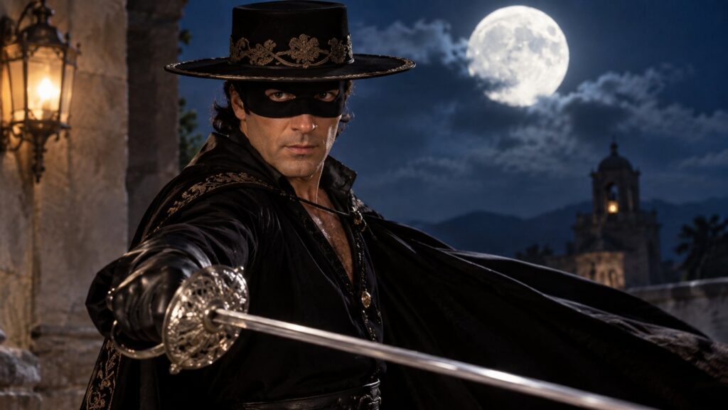 Antonio Banderas in character as Zorro wearing a black mask and cape holding a sword with a dramatic flair