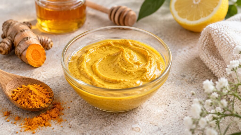 A small glass bowl containing a smooth golden-yellow homemade face mask ready for application The texture is creamy and 