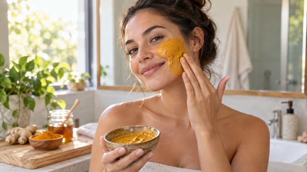 A woman gently applying the turmeric Vaseline yogurt and honey face mask to her clean face in a soft natural light setti