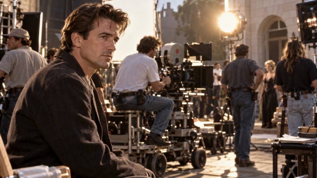 A vintage Hollywood movie set with film cameras and crew in the background subtly suggesting the classic era of filmmaki