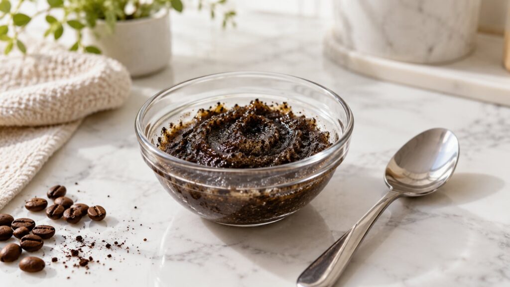 A small bowl with a mixture of coffee grounds and Vaseline next to a spoon on a clean surface