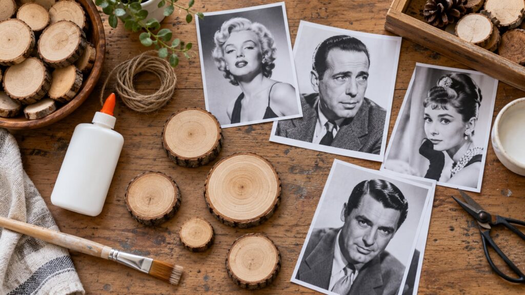 A collection of small craft blanks printed movie star images and craft glue on a workbench