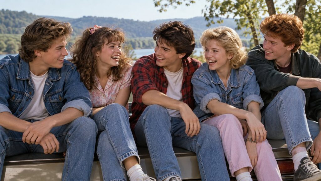 A film still showing a group of young actors from the 1980s sitting together conveying a sense of youth and camaraderie 