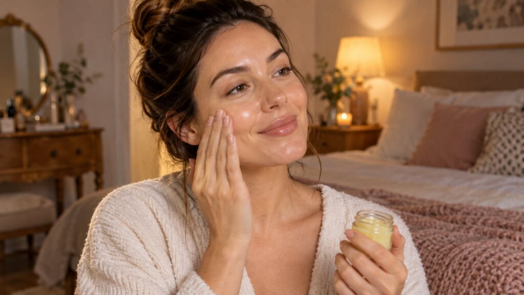 A woman gently massaging a small amount of the homemade beauty balm onto her clean face showing a soft radiant glow on h