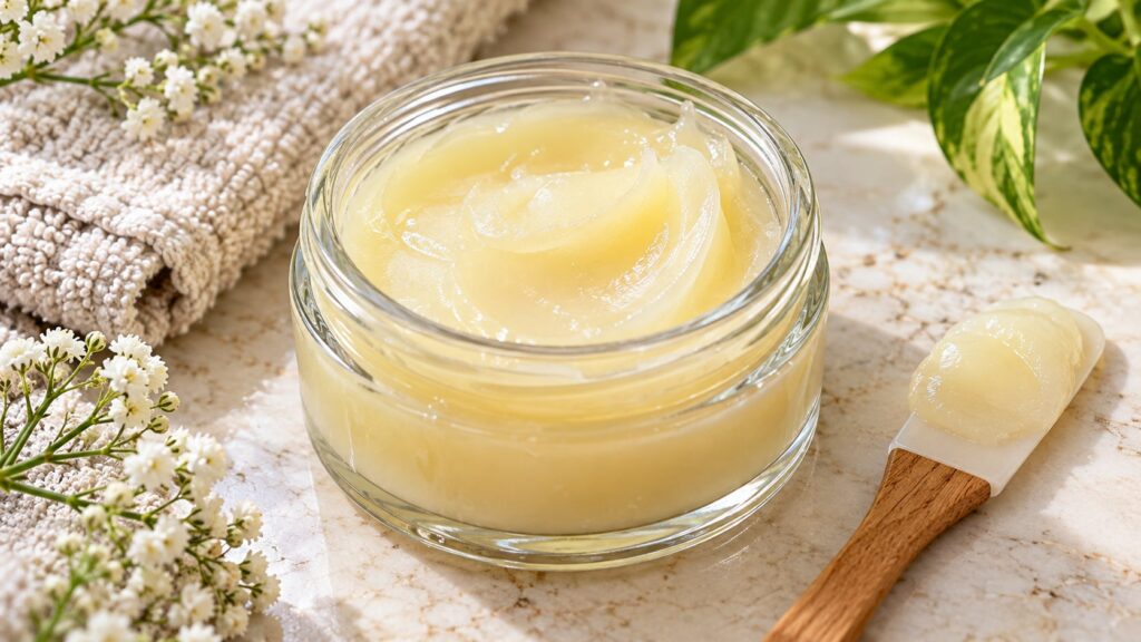 A clear glass jar filled with the freshly made creamy-textured DIY beauty balm with a small spatula resting beside it on