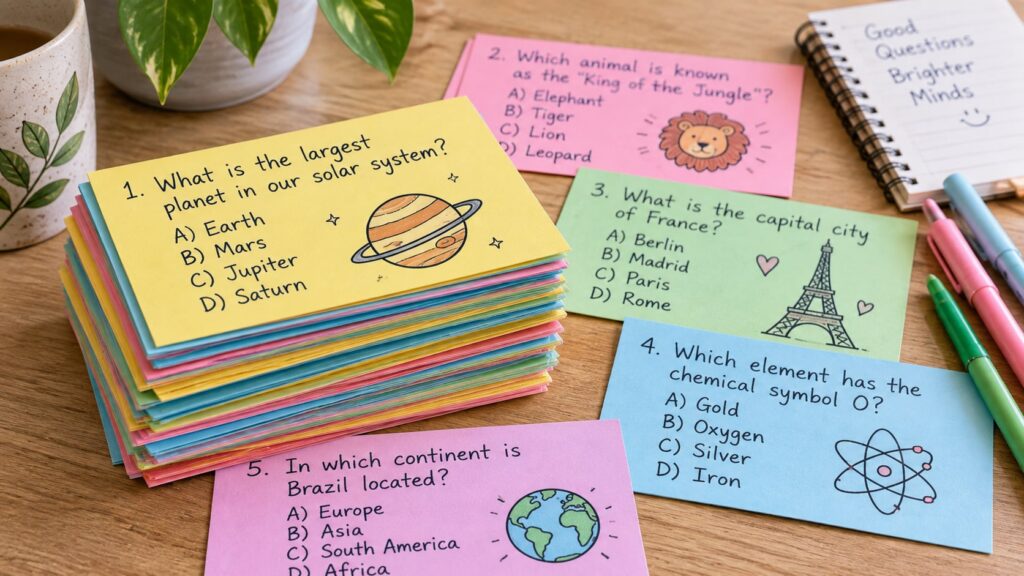 A stack of colorful homemade quiz cards with handwritten questions and answers visible arranged on a table with pens and