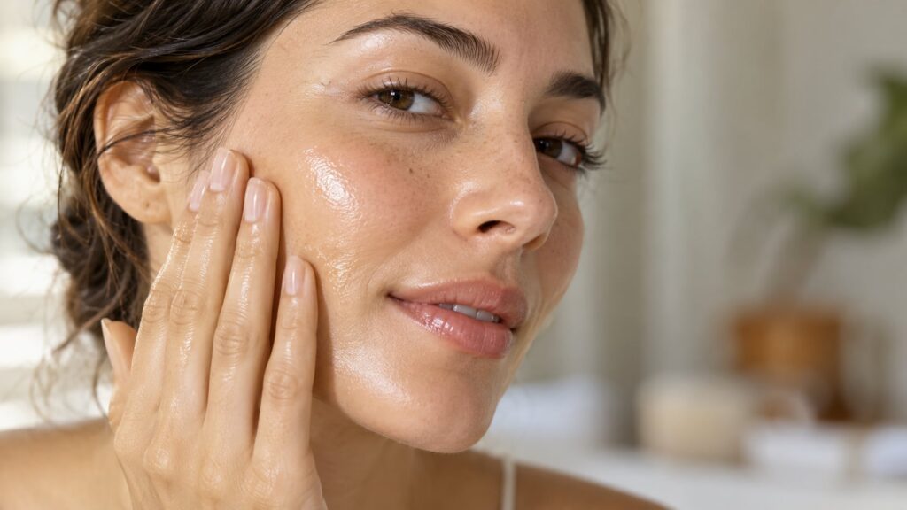 Close-up of a woman gently applying a moisturizer or oil mixture to her radiant smooth face illustrating the hydration p