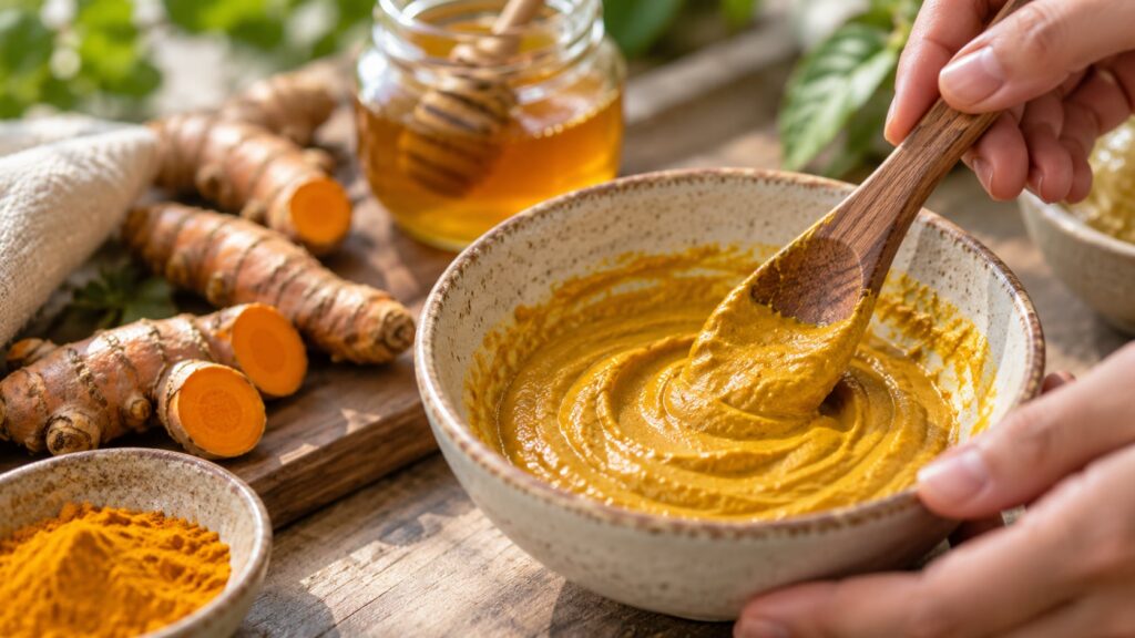 A close-up of a DIY turmeric face mask being mixed in a small bowl with fresh turmeric roots and honey in the background