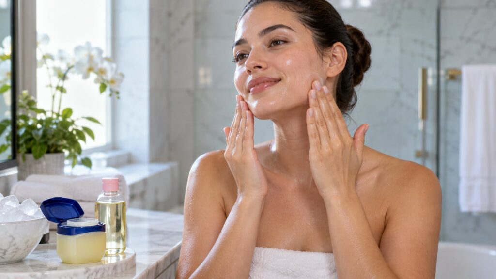 A woman gently massaging a mixture of Vaseline and baby oil onto her face after an ice facial showcasing smooth radiant