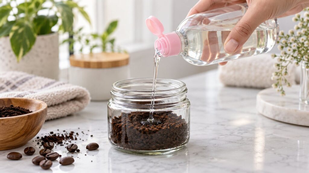 A hand pouring baby oil into a jar filled with coffee grounds against a bright clean background indicating a DIY scrub p