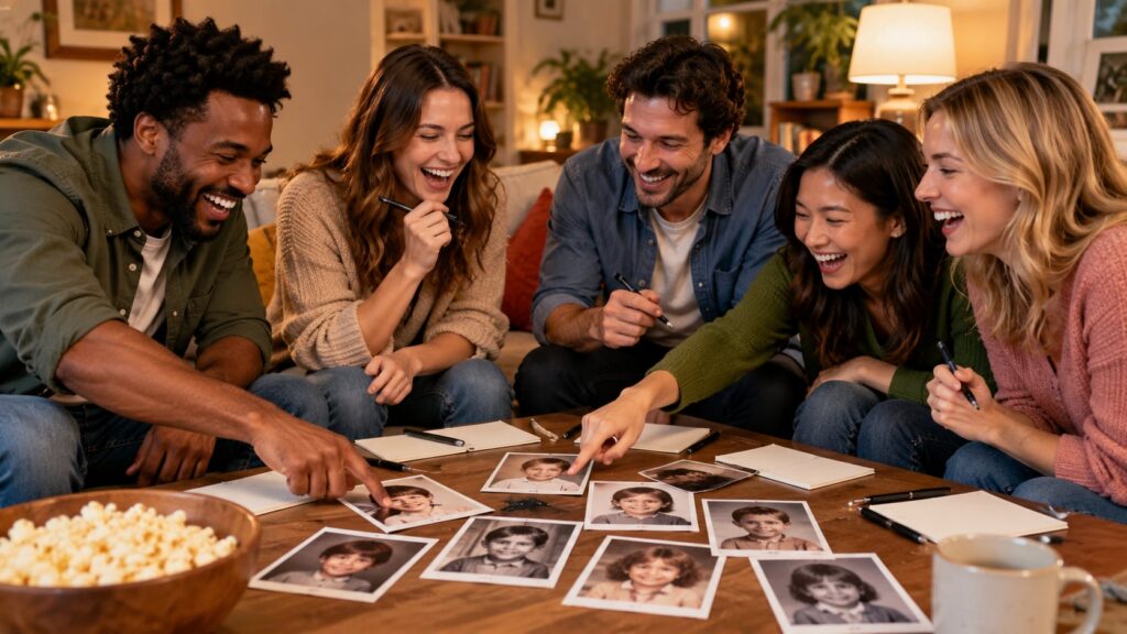 A group of friends laughing and pointing at celebrity childhood photos while playing a guessing game with pens and paper