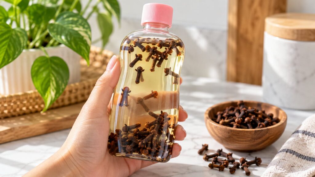 A hand holding a clear baby oil bottle infused with several whole cloves against a bright clean background showing the i