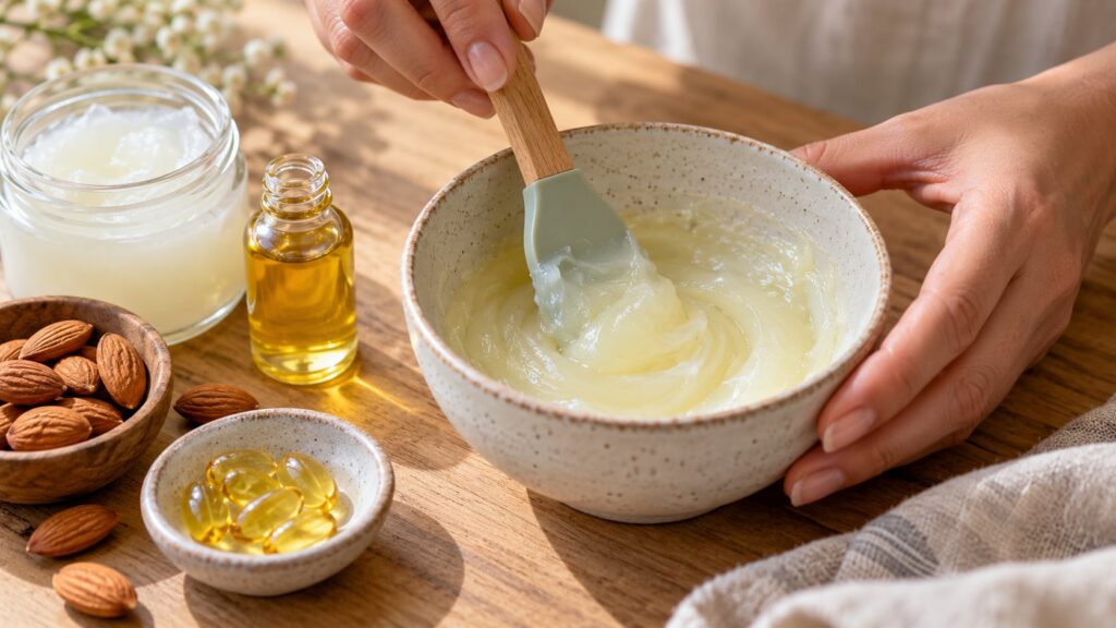Hands mixing a Vaseline-based balm with almond oil and vitamin E in a small bowl with a spatula with the finished balm i