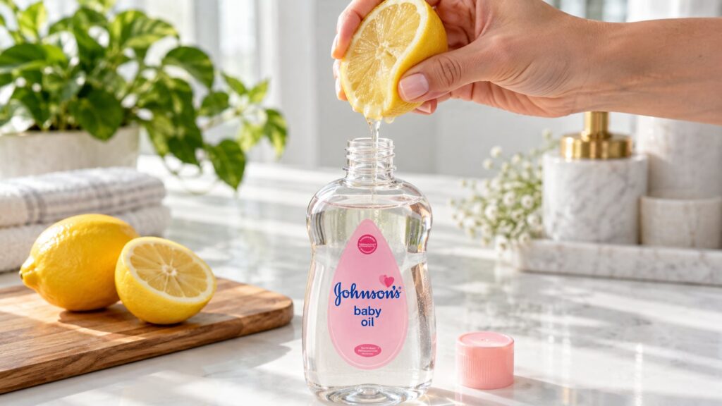 A hand squeezing fresh lemon juice directly into an open bottle of baby oil on a bright clean background illustrating th