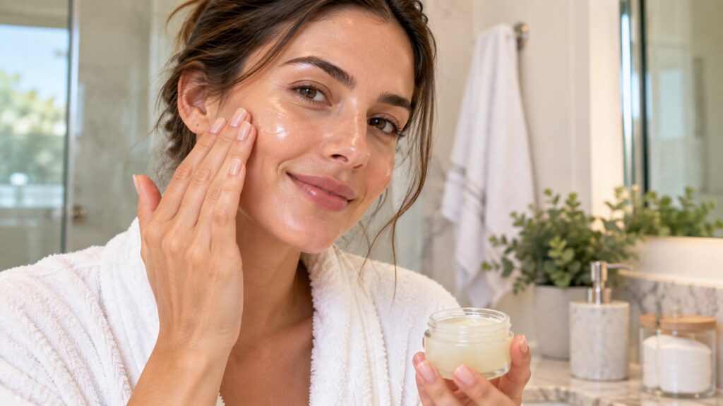 A woman gently patting a small amount of the Vaseline balm onto her cheek showing hydrated radiant skin Her skin looks s