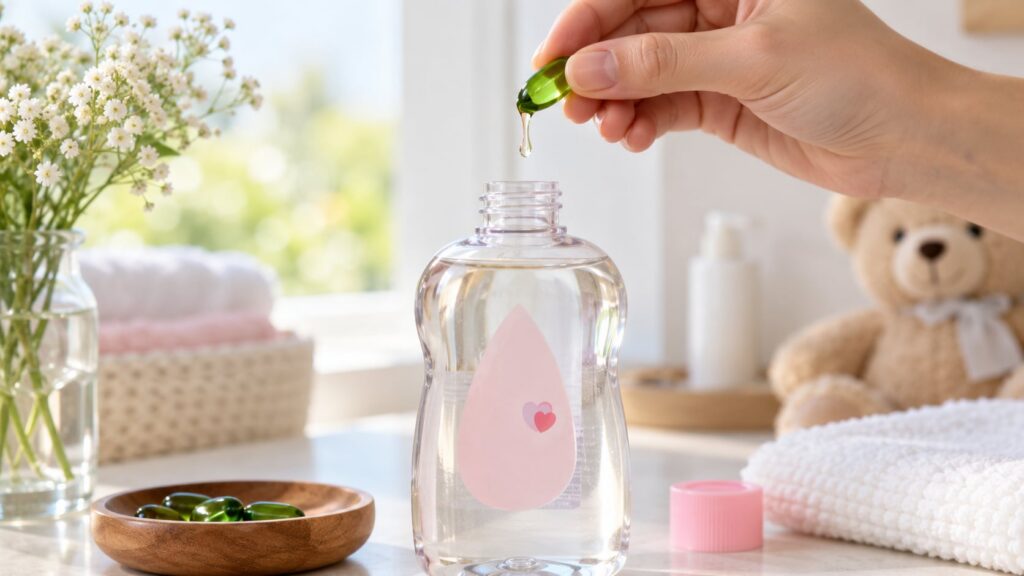 A hand dripping liquid from a green Vitamin E capsule into a small bottle of baby oil on a bright clean background