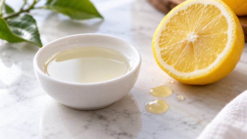 A small glass dish with baby oil a squeezed lemon half and a few drops of lemon juice