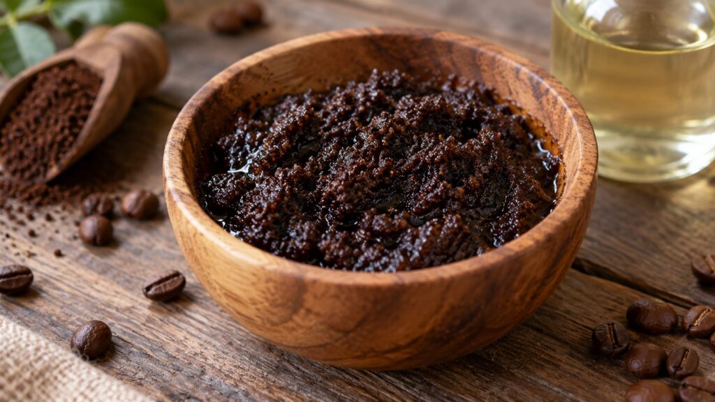 A small bowl with a mixture of baby oil and coffee grounds resembling a body scrub