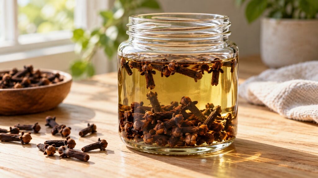 A clear jar of baby oil infused with whole cloves on a natural wooden surface