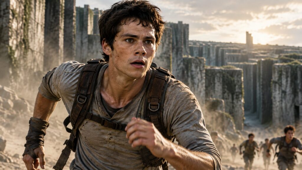 Dylan O Brien as Thomas in The Maze Runner running through a dystopian landscape