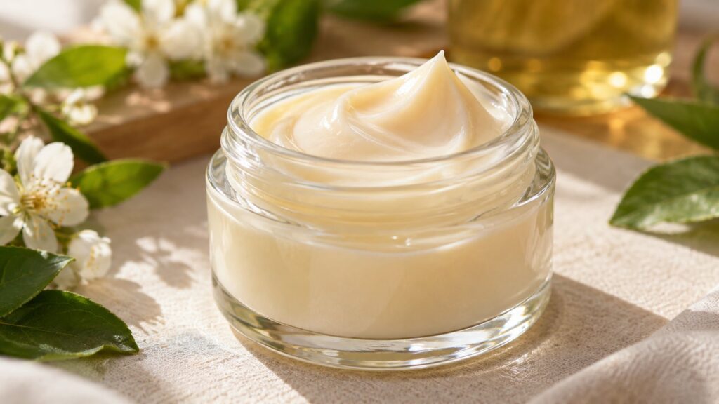 Close-up of a small clean airtight glass jar filled with the finished DIY collagen-boosting cream showing its smooth cre