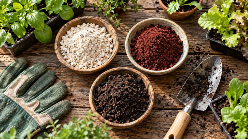 A variety of organic fertilizers displayed in small bowls or containers such as bone meal blood meal fish emulsion and w