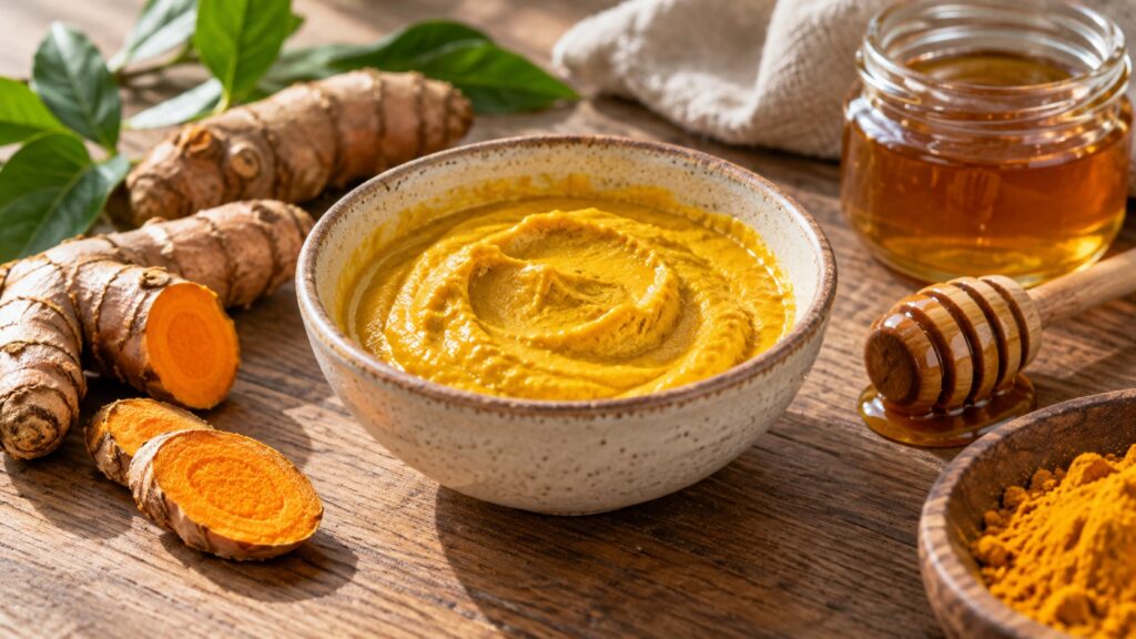 A close-up of a homemade turmeric and honey face mask in a small bowl with a spoon surrounded by fresh turmeric root and