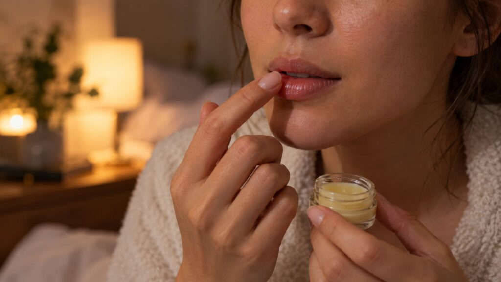 Hands gently applying a small amount of homemade lip balm to clean lips before bed