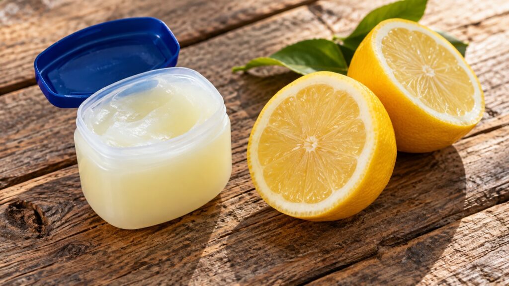 Ingredients for homemade lip balm a jar of petroleum jelly and fresh sliced lemon