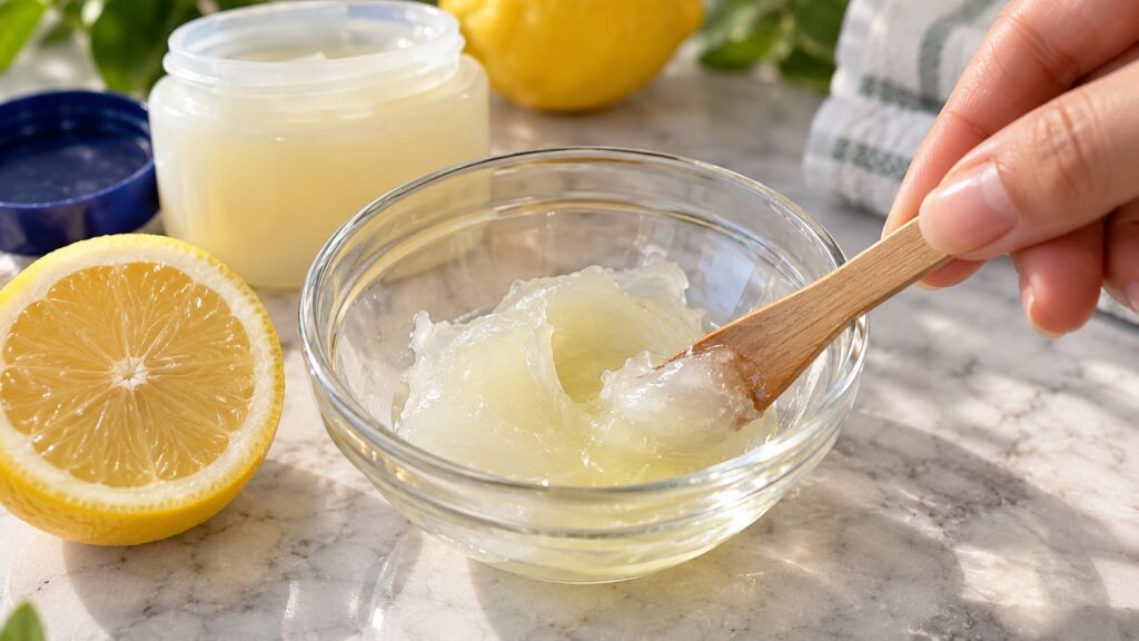 A small bowl containing Vaseline and a few drops of lemon juice being mixed with a small spatula with a cut lemon slice 