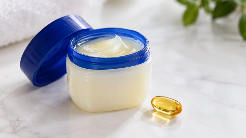 A small open jar of Vaseline with a vitamin E capsule next to it on a clean soft background with a hint of natural light