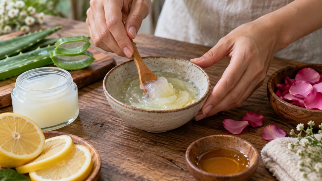 Hands mixing Vaseline with natural ingredients in a small bowl with various fresh ingredients like aloe vera lemon and c