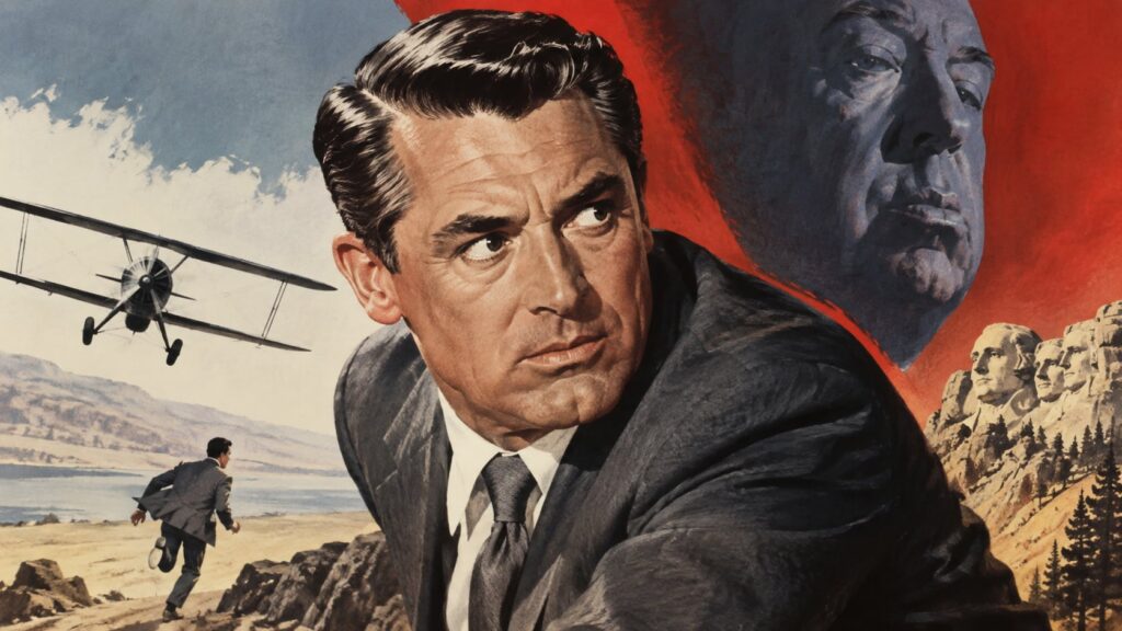 A vintage movie poster for a classic Cary Grant film such as North by Northwest or Bringing Up Baby