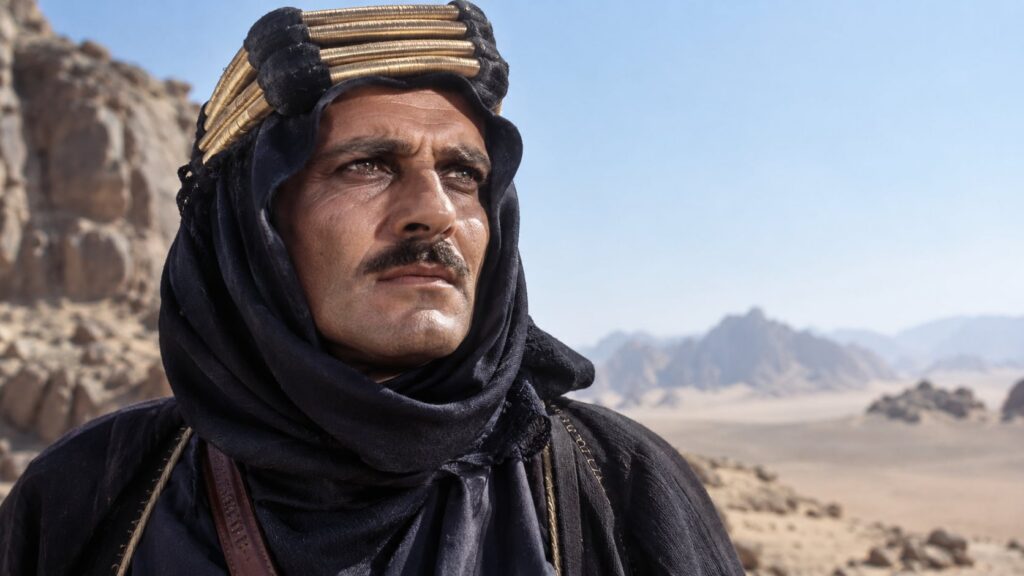 Real film still of Omar Sharif from Lawrence of Arabia wearing desert attire